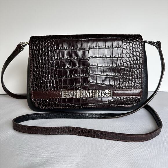 Brighton Crossbody wallet Bag Croc-Embossed Metal filagree Brown Black - Picture 1 of 16
